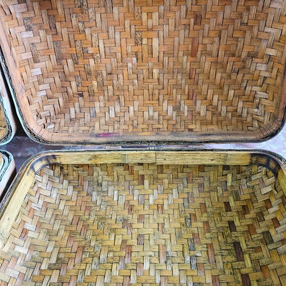Vintage Pair of Vintage Woven Bamboo Wicker Suitcases - Picture 9 of 14
